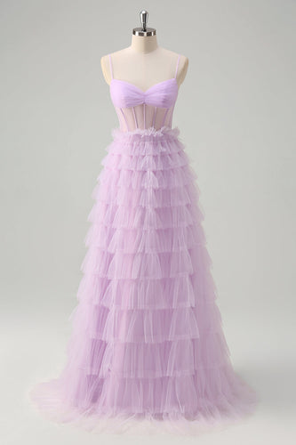 Light Purple A Line Tiered Corset Sheer Long Prom Dress