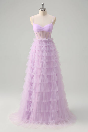 Light Purple A Line Tiered Corset Sheer Long Prom Dress