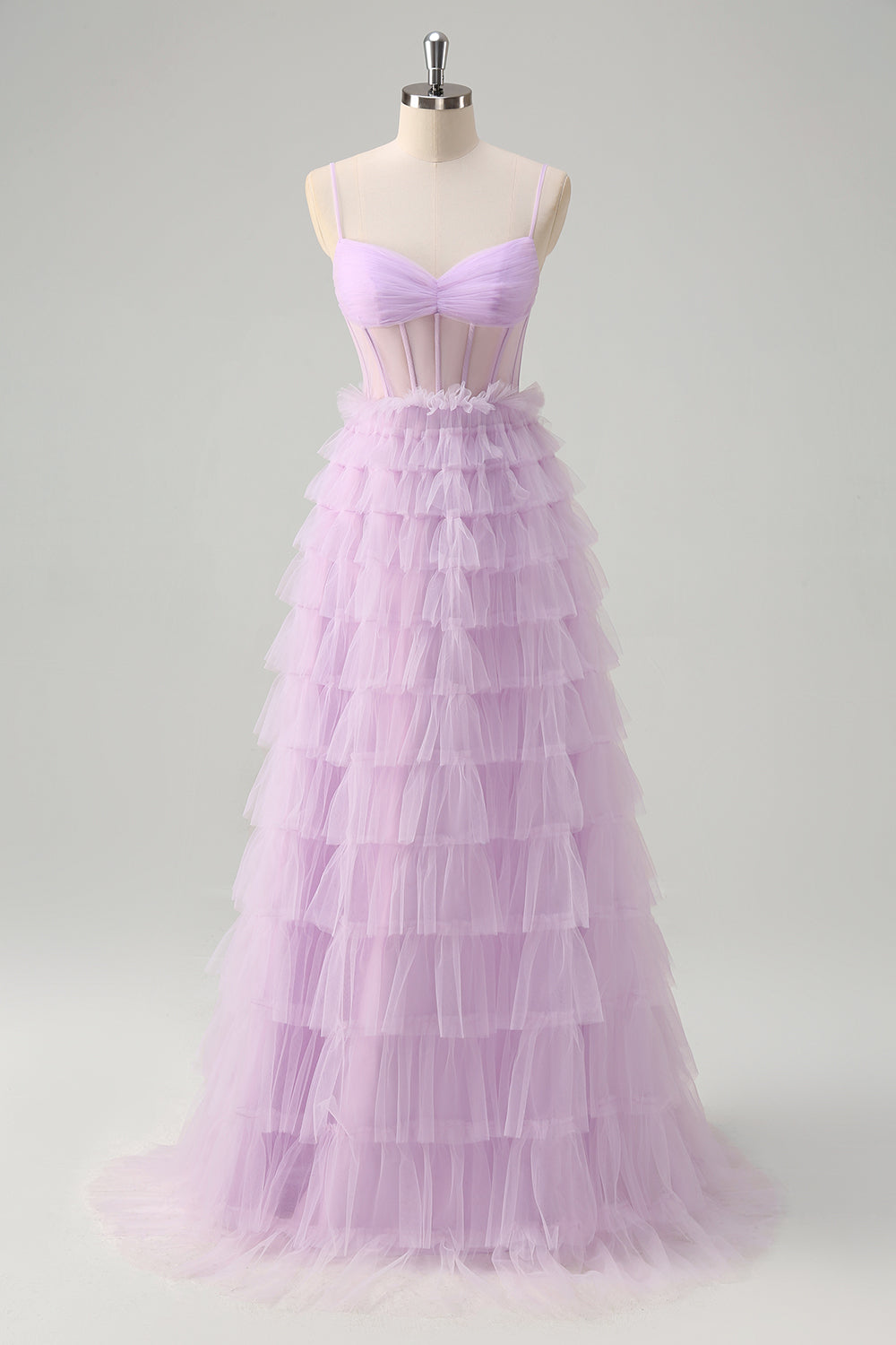 Light Purple A Line Tiered Corset Sheer Long Prom Dress