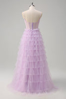 Load image into Gallery viewer, Light Purple A Line Tiered Corset Sheer Long Prom Dress