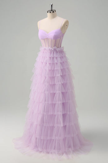 Light Purple A Line Tiered Corset Sheer Long Prom Dress
