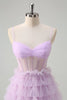 Load image into Gallery viewer, Light Purple A Line Tiered Corset Sheer Long Prom Dress