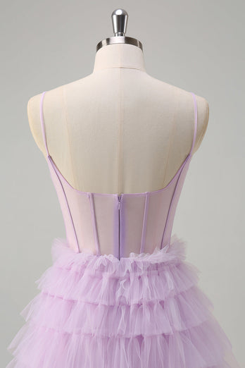 Light Purple A Line Tiered Corset Sheer Long Prom Dress