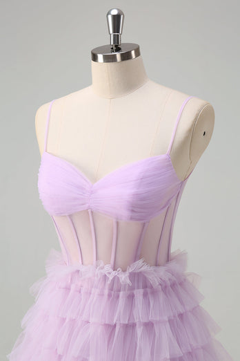 Light Purple A Line Tiered Corset Sheer Long Prom Dress