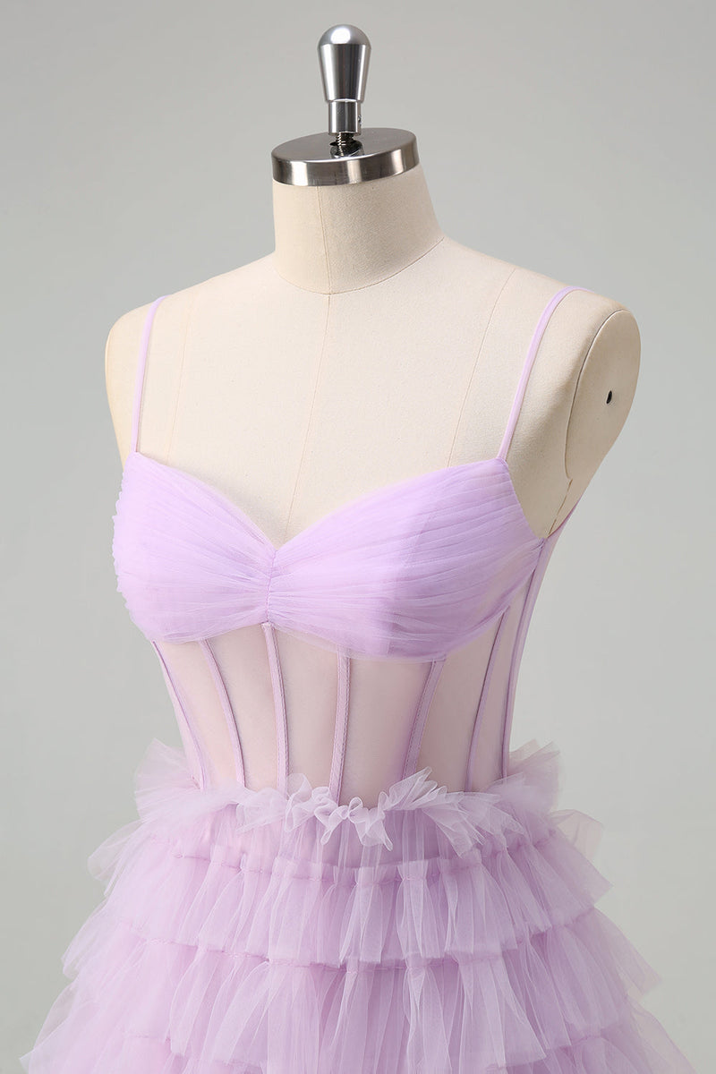 Load image into Gallery viewer, Light Purple A Line Tiered Corset Sheer Long Prom Dress