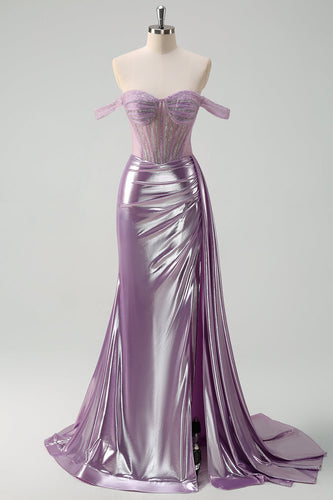 Light Purple Off The Shoulder Mermaid Corset Metallic Prom Dress
