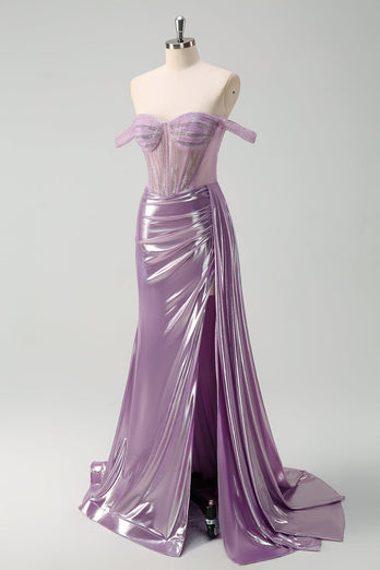 Light Purple Off The Shoulder Mermaid Corset Metallic Prom Dress