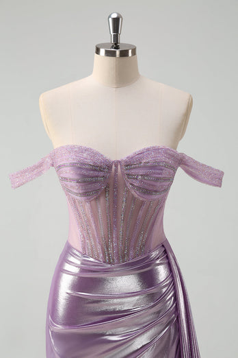 Light Purple Off The Shoulder Mermaid Corset Metallic Prom Dress