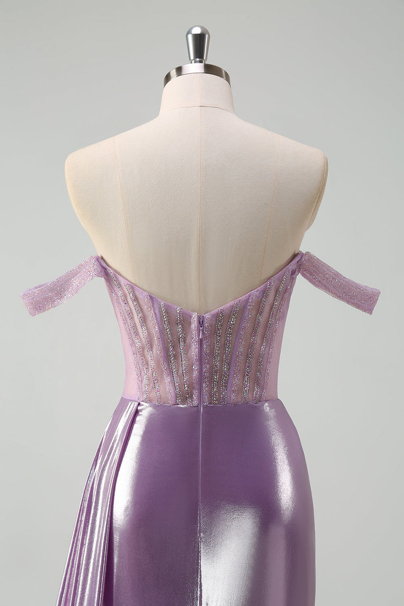 Load image into Gallery viewer, Light Purple Off The Shoulder Mermaid Corset Metallic Prom Dress