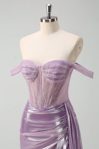 Light Purple Off The Shoulder Mermaid Corset Metallic Prom Dress