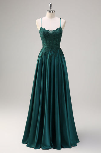 Dark Green A Line Satin Beaded Long Prom Dress with Appliques