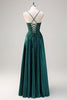 Load image into Gallery viewer, Dark Green A Line Satin Beaded Long Prom Dress with Appliques