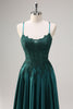 Load image into Gallery viewer, Dark Green A Line Satin Beaded Long Prom Dress with Appliques