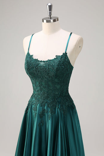 Dark Green A Line Satin Beaded Long Prom Dress with Appliques