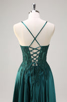 Load image into Gallery viewer, Dark Green A Line Satin Beaded Long Prom Dress with Appliques