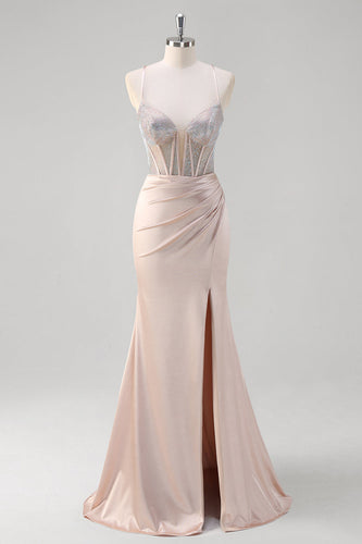 Mermaid Blush Spaghetti Straps Corset Beaded Long Prom Dress