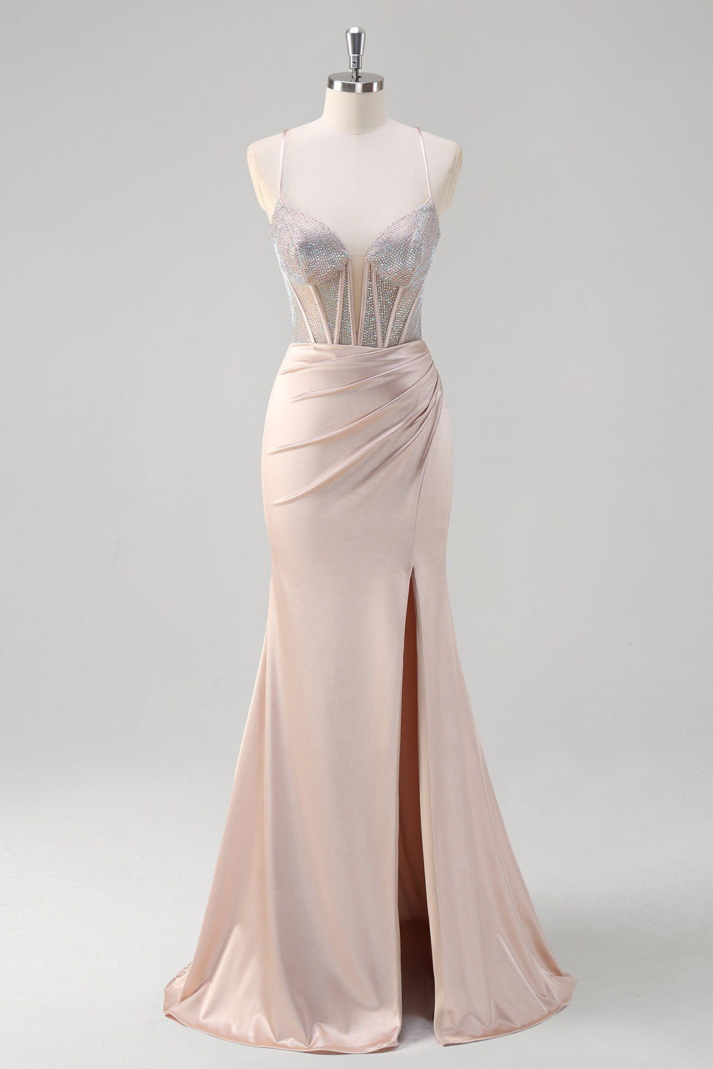 Mermaid Blush Spaghetti Straps Corset Beaded Long Prom Dress