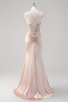 Mermaid Blush Spaghetti Straps Corset Beaded Long Prom Dress