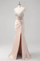 Load image into Gallery viewer, Mermaid Blush Spaghetti Straps Corset Beaded Long Prom Dress