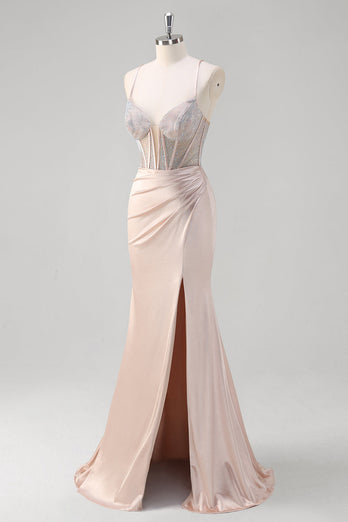Mermaid Blush Spaghetti Straps Corset Beaded Long Prom Dress