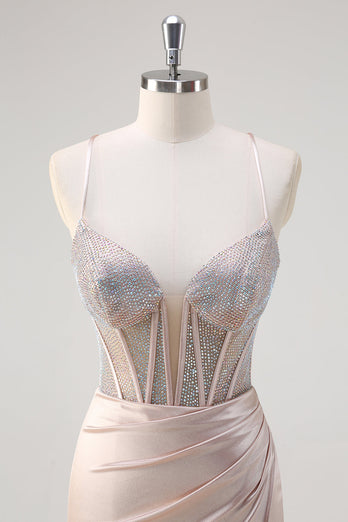 Mermaid Blush Spaghetti Straps Corset Beaded Long Prom Dress
