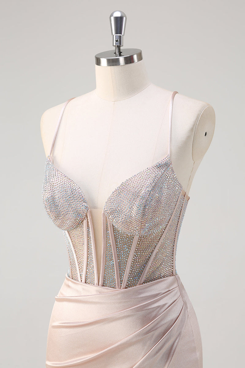 Load image into Gallery viewer, Mermaid Blush Spaghetti Straps Corset Beaded Long Prom Dress