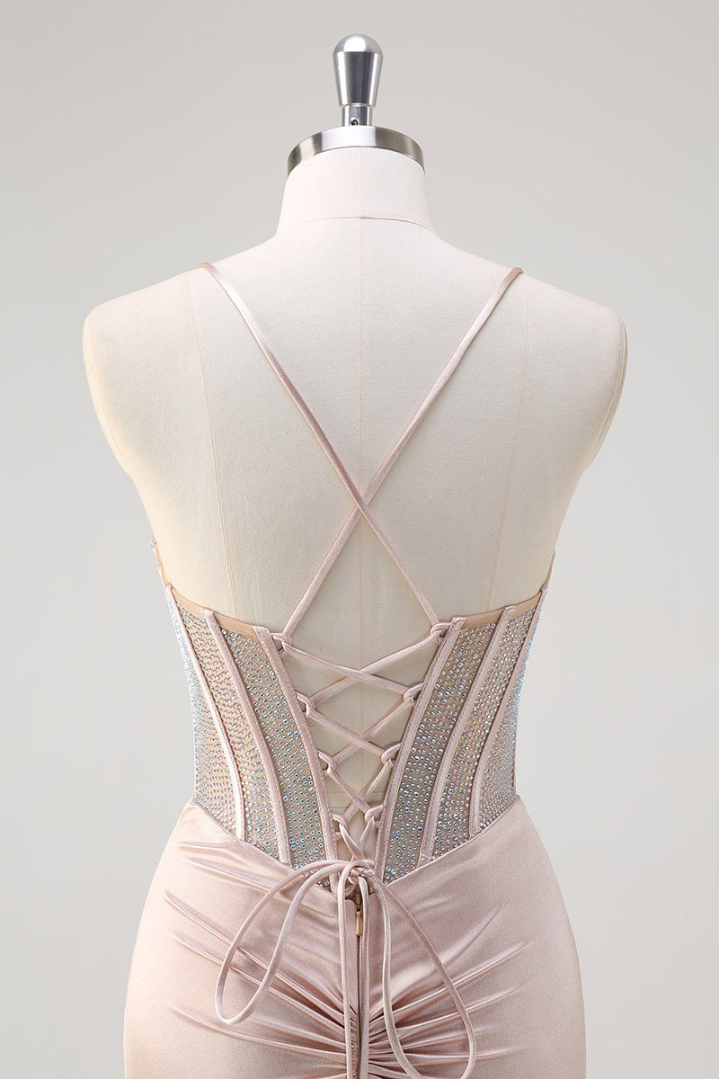 Load image into Gallery viewer, Mermaid Blush Spaghetti Straps Corset Beaded Long Prom Dress