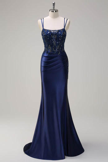 Navy Mermaid Spaghetti Straps Corset Ruched Long Prom Dress