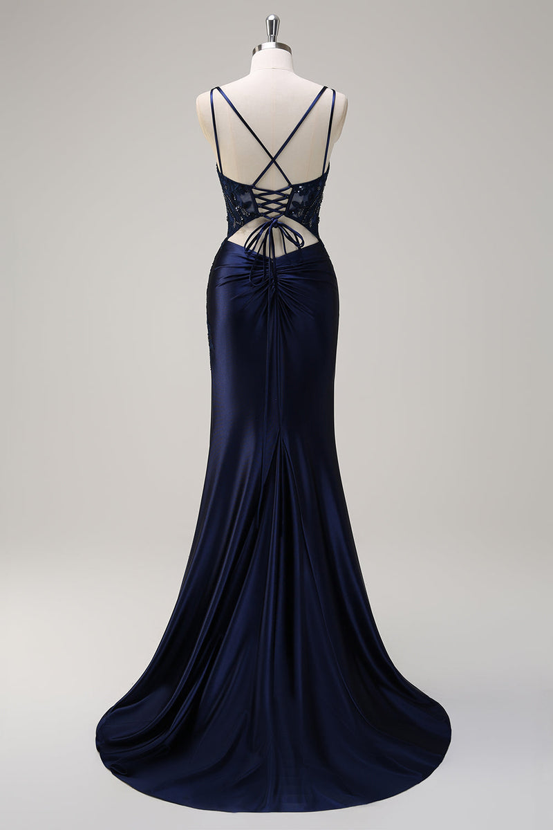 Load image into Gallery viewer, Navy Mermaid Spaghetti Straps Corset Ruched Long Prom Dress
