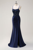 Load image into Gallery viewer, Navy Mermaid Spaghetti Straps Corset Ruched Long Prom Dress