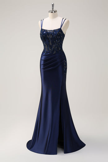 Navy Mermaid Spaghetti Straps Corset Ruched Long Prom Dress