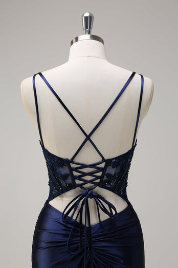 Navy Mermaid Spaghetti Straps Corset Ruched Long Prom Dress