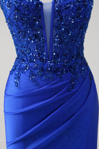 Glitter Royal Blue Mermaid Corset Prom Dress with Slit
