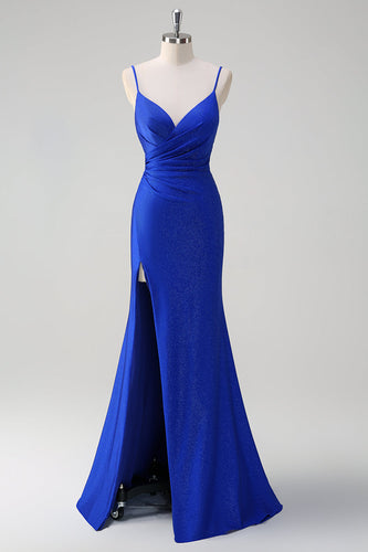 Glitter Royal Blue Mermaid Spaghetti Straps Ruched Long Prom Dress