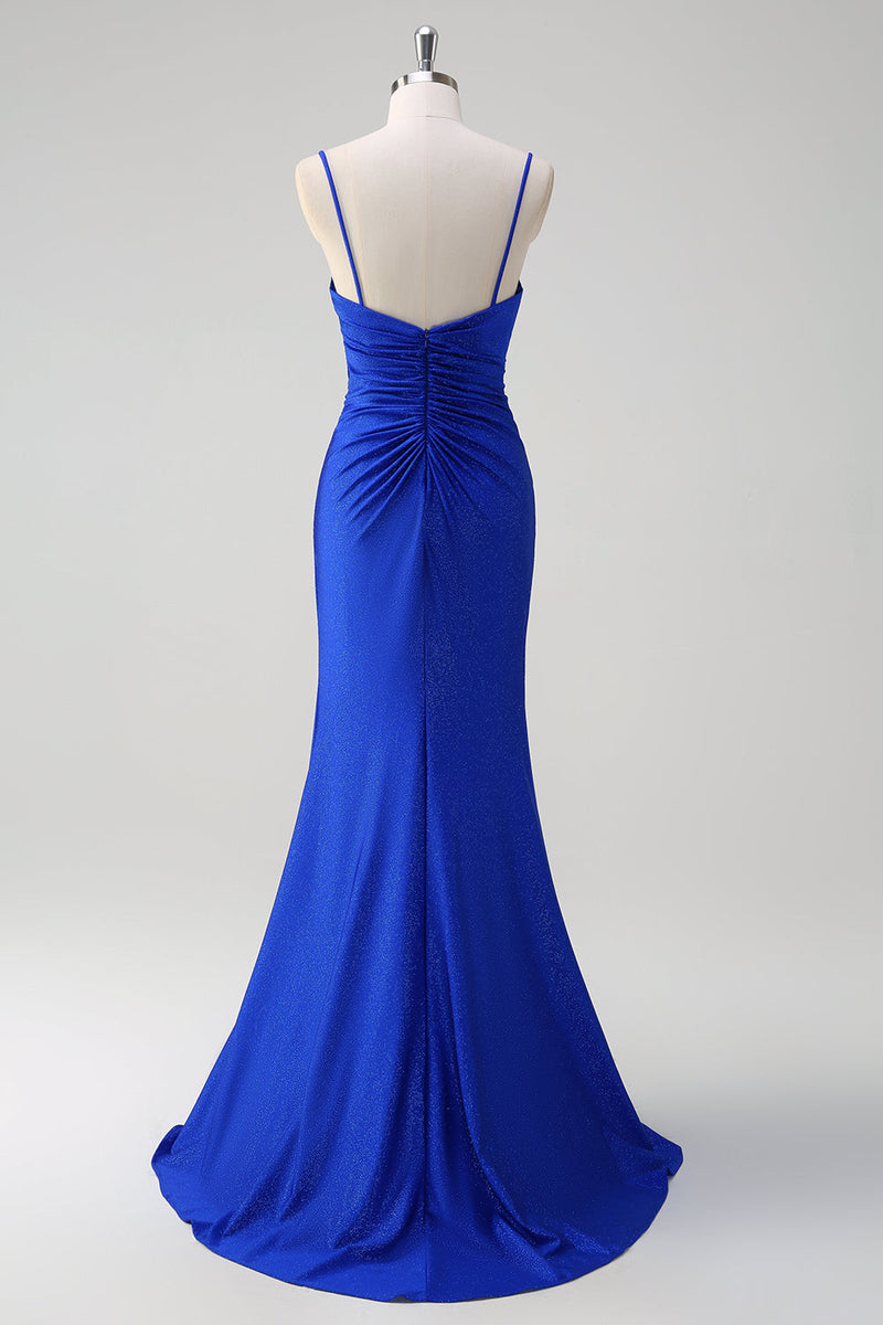Load image into Gallery viewer, Glitter Royal Blue Mermaid Spaghetti Straps Ruched Long Prom Dress