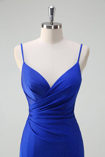 Glitter Royal Blue Mermaid Spaghetti Straps Ruched Long Prom Dress