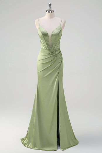 Green Mermaid Spaghetti Straps Corset Long Beaded Prom Dress