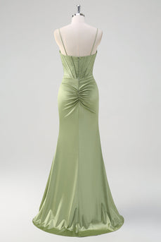 Green Mermaid Spaghetti Straps Corset Long Beaded Prom Dress