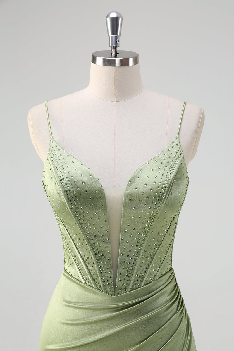 Load image into Gallery viewer, Green Mermaid Spaghetti Straps Corset Long Beaded Prom Dress