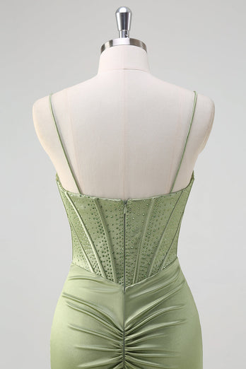 Green Mermaid Spaghetti Straps Corset Long Beaded Prom Dress