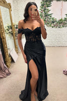 Load image into Gallery viewer, Off the Shoulder Black Appliques Corset Long Prom Dress with Slit