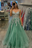 Load image into Gallery viewer, Appliques Floral Sage Spaghetti Straps A Line Tulle Prom Dress