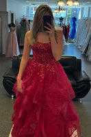 Load image into Gallery viewer, A Line Sparkly Sequins Fuchsia Spaghetti Straps Long Prom Dress