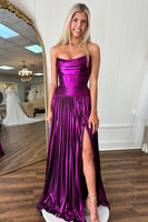 Load image into Gallery viewer, Dark Purple Strapless Pleated A Line Long Corset Prom Dress with Slit