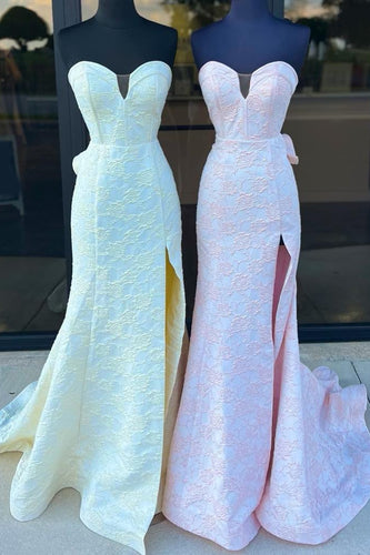 Yellow Sweetheart Corset Floral Mermaid Long Prom Dress with Slit