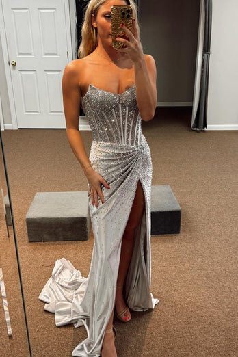 Sparkly Beaded Golden Corset Strapless Long Prom Dress with Slit