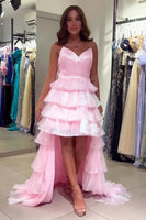 Load image into Gallery viewer, Sparkly Pink V Neck Tiered A Line Prom Dress