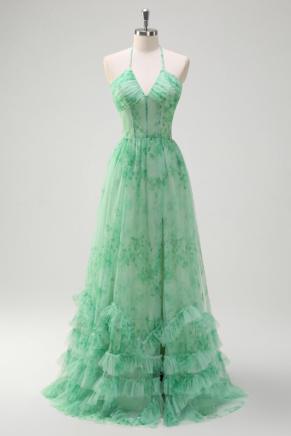 Green A Line Halter Floral Corset Ruffled Long Prom Dress