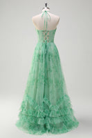 Load image into Gallery viewer, Green A Line Halter Floral Corset Ruffled Long Prom Dress