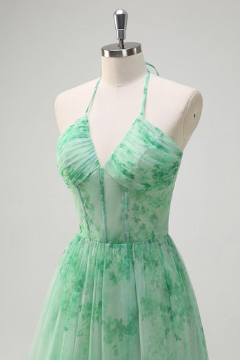 Green A Line Halter Floral Corset Ruffled Long Prom Dress